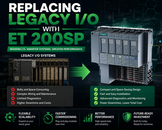 Siemens SIMATIC ET 200SP distributed I/O modules mounted on DIN rail replacing legacy ET 200M rack in industrial cabinet