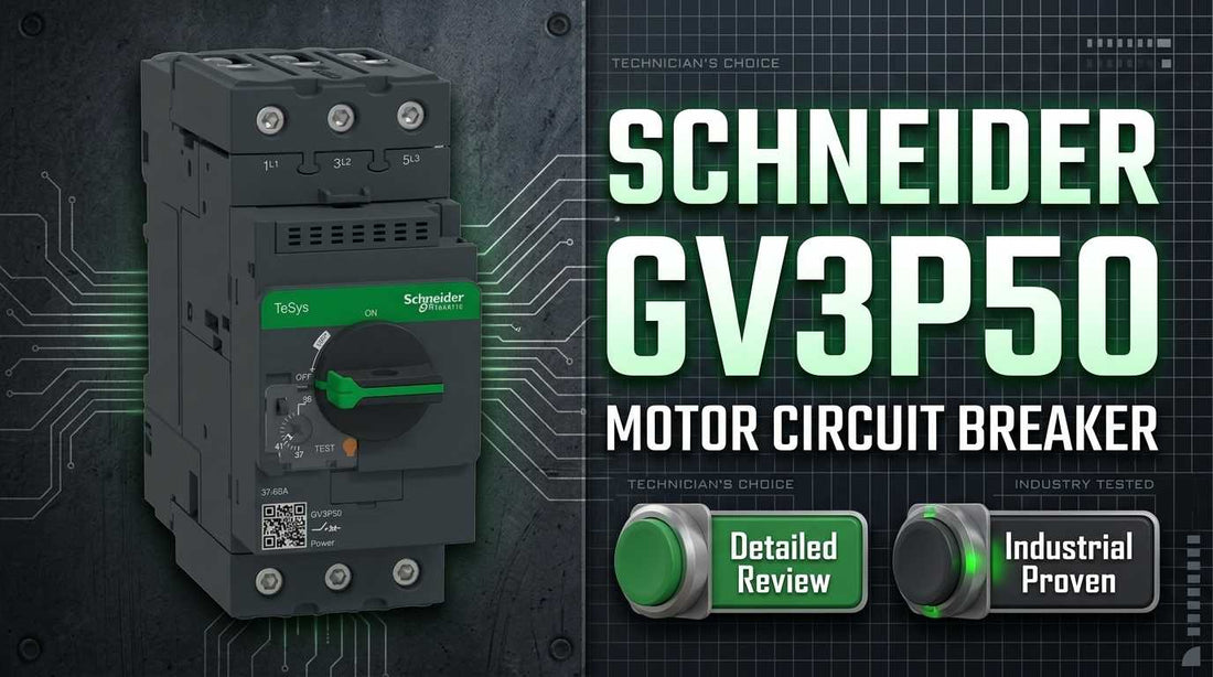 Schneider Electric GV3P50 TeSys Deca manual motor starter on DIN rail in industrial control panel