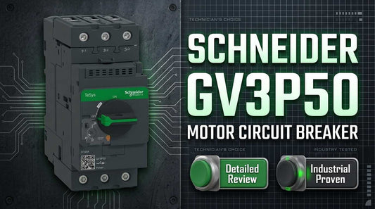 Schneider Electric GV3P50 TeSys Deca manual motor starter on DIN rail in industrial control panel