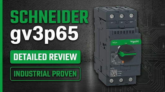 Schneider Electric GV3P65 TeSys Deca 3-pole thermal-magnetic manual motor starter mounted on DIN rail in industrial control panel