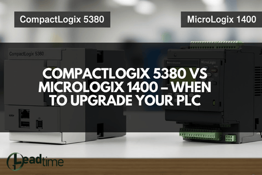 Allen Bradley CompactLogix 5380 and MicroLogix 1400 PLC units side by side in industrial control panel