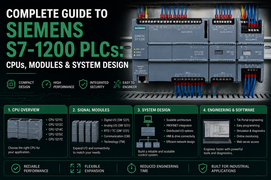 Siemens SIMATIC S7-1200 compact PLC with signal modules mounted on DIN rail in industrial control cabinet