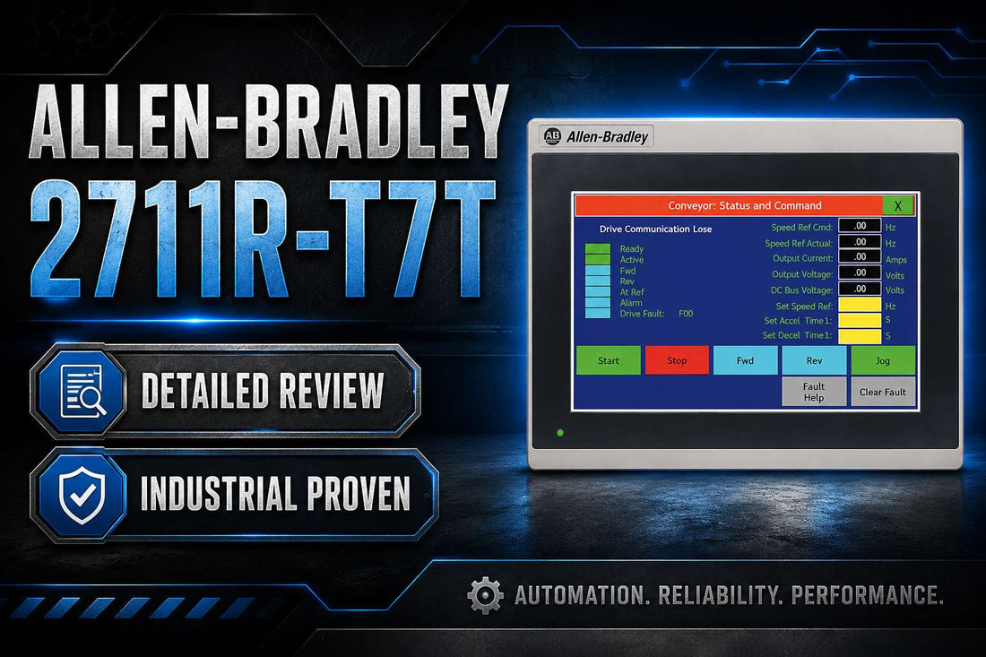 Allen-Bradley 2711R-T7T PanelView 800 7-inch touch screen HMI terminal mounted on industrial control panel
