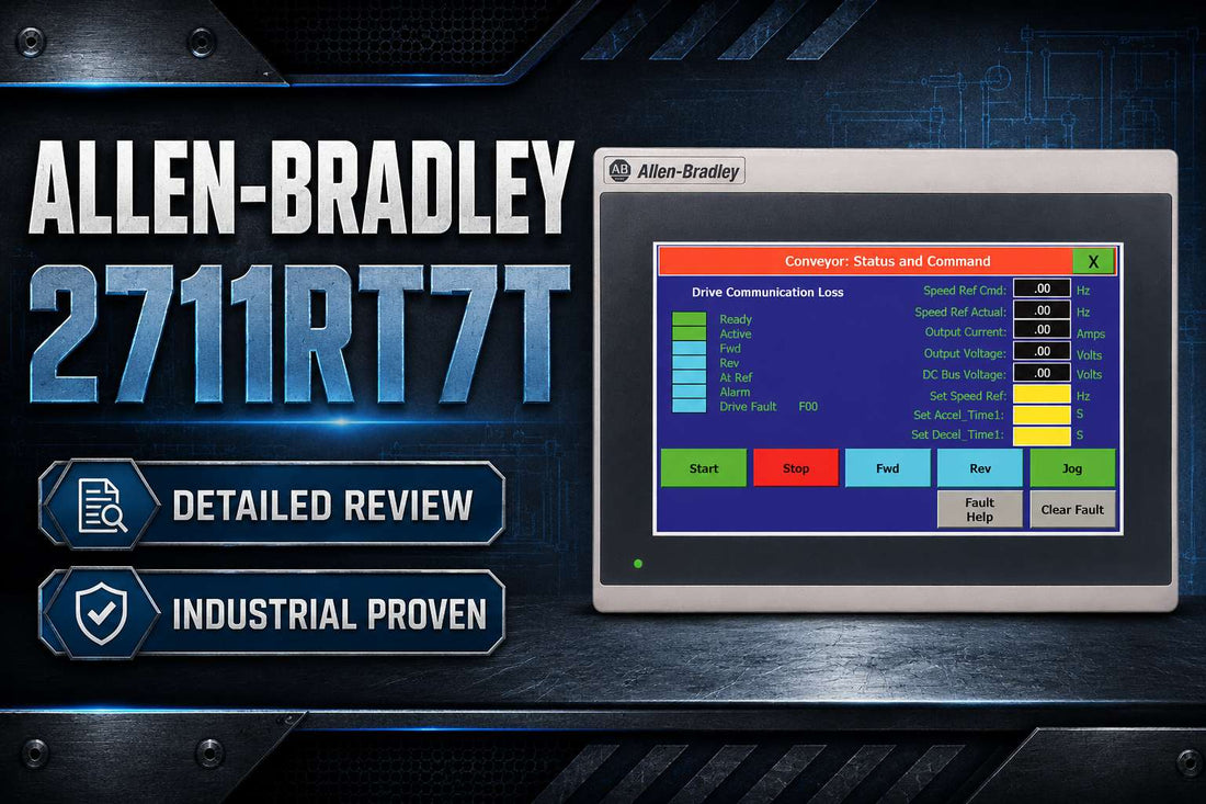 Allen-Bradley 2711R-T7T PanelView 800 7-inch color touchscreen HMI terminal mounted in industrial control panel