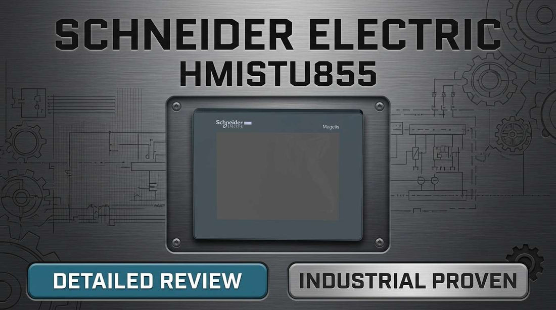 Schneider Electric HMISTU855 5.7-inch colour touchscreen HMI panel mounted in industrial control enclosure