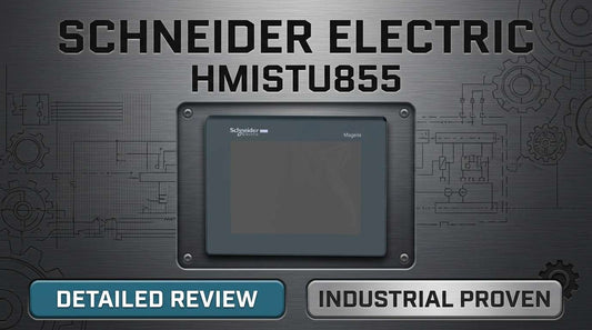 Schneider Electric HMISTU855 5.7-inch colour touchscreen HMI panel mounted in industrial control enclosure
