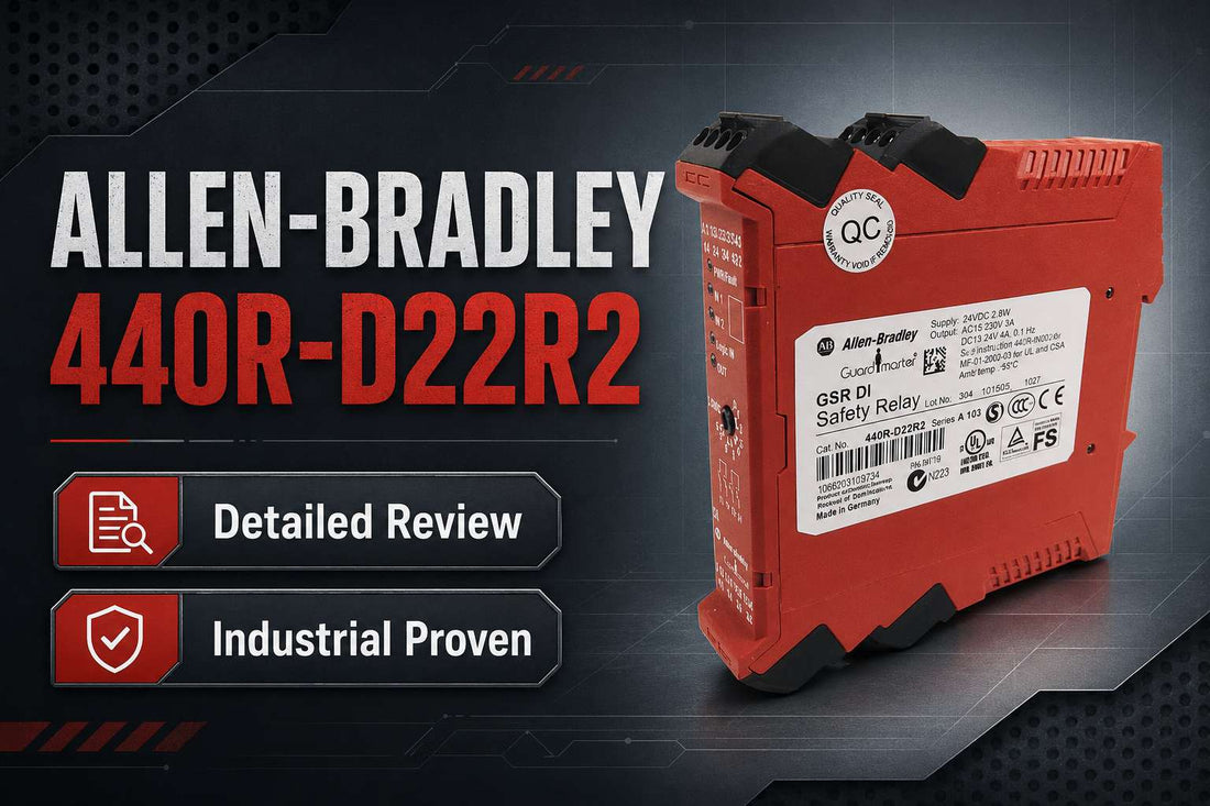 Allen-Bradley 440R-D22R2 Guardmaster Dual Input Safety Relay mounted on DIN rail in industrial control panel