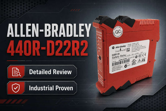 Allen-Bradley 440R-D22R2 Guardmaster Dual Input Safety Relay mounted on DIN rail in industrial control panel