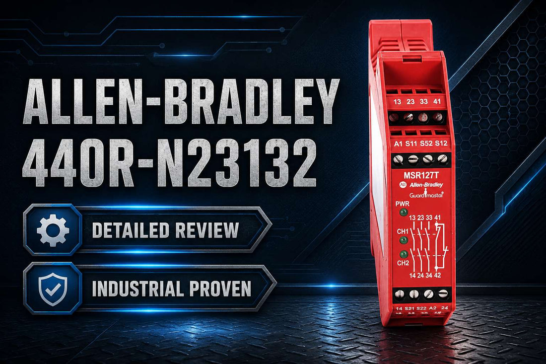 Allen-Bradley 440R-N23132 Guardmaster MSR127TP safety relay mounted on 35mm DIN rail in industrial control panel