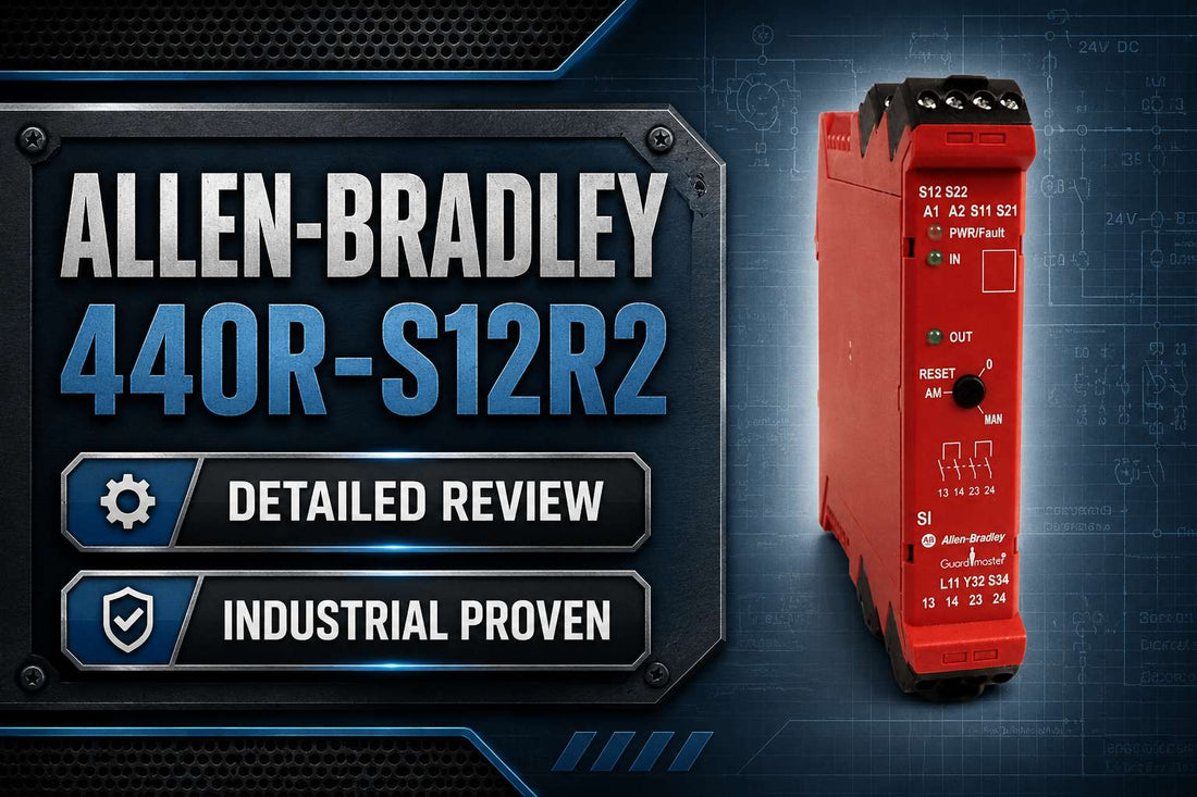 Allen-Bradley 440R-S12R2 Guardmaster Single Input Safety Relay mounted on DIN rail in industrial control panel