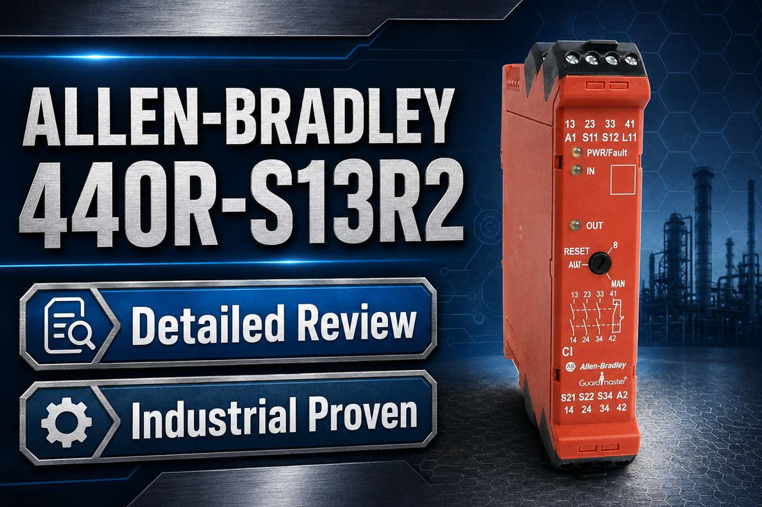 Allen-Bradley 440R-S13R2 Guardmaster CI Safety Relay 24VDC mounted on DIN rail in industrial control panel