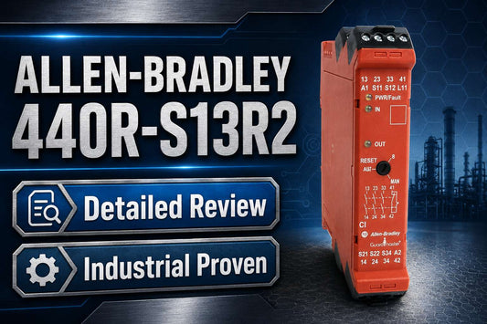 Allen-Bradley 440R-S13R2 Guardmaster CI Safety Relay 24VDC mounted on DIN rail in industrial control panel