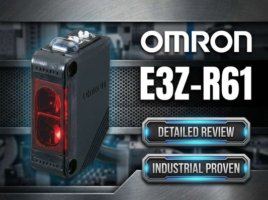 Omron E3Z-R61 compact retro-reflective photoelectric sensor with NPN output and pre-wired cable for conveyor detection