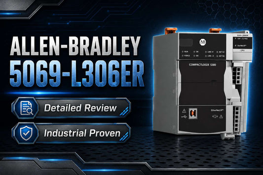 Allen-Bradley 5069-L306ER CompactLogix 5380 controller mounted on DIN rail with Compact 5000 I/O modules for OEM machine control