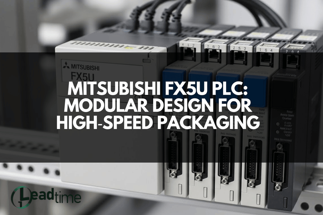 Mitsubishi FX5U PLC mounted with multiple expansion modules controlling packaging machinery