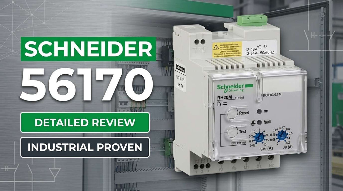 Schneider Electric 56170 VigiPacT RH99M residual current protection relay mounted on DIN rail in industrial control panel