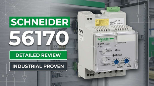 Schneider Electric 56170 VigiPacT RH99M residual current protection relay mounted on DIN rail in industrial control panel