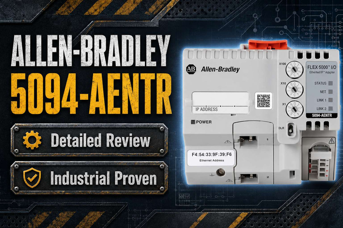 Allen-Bradley 5094-AENTR FLEX 5000 EtherNet/IP RJ45 adapter mounted on DIN rail in industrial control panel