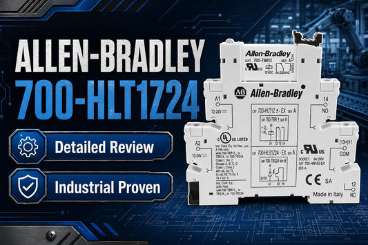 Allen-Bradley 700-HLT1Z24 24V DC slim terminal block interface relay mounted on DIN rail in industrial control panel