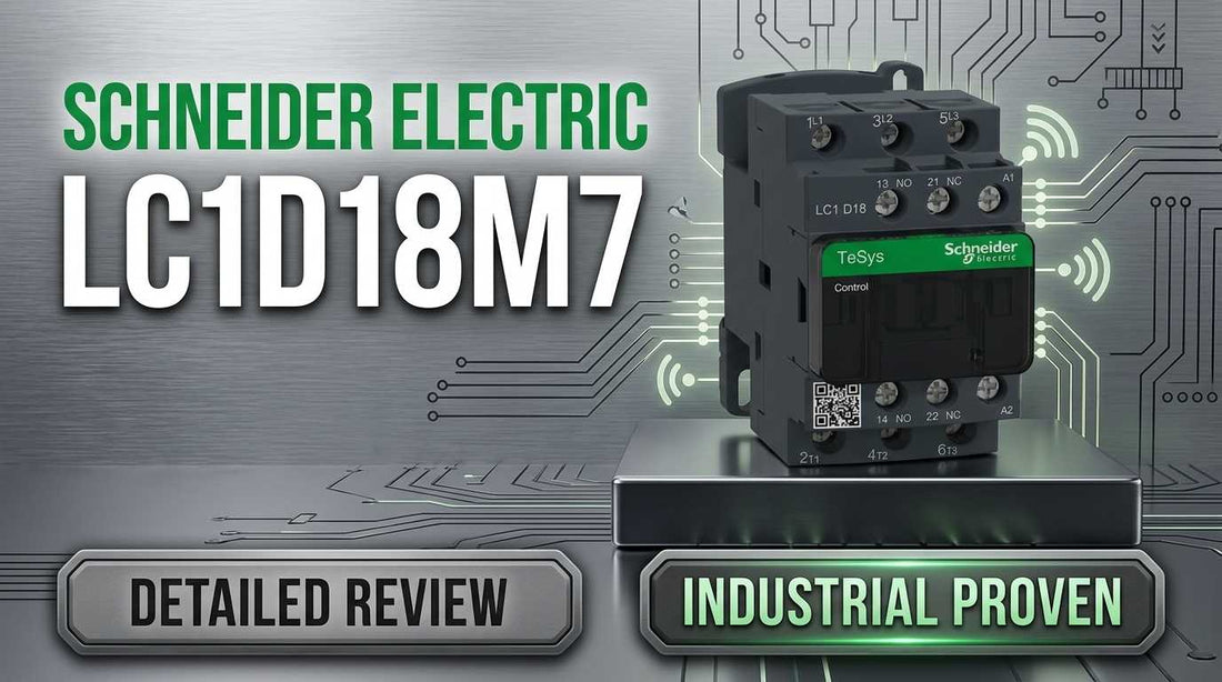 Schneider Electric LC1D18M7 TeSys Deca 18A IEC contactor on DIN rail for three-phase motor control