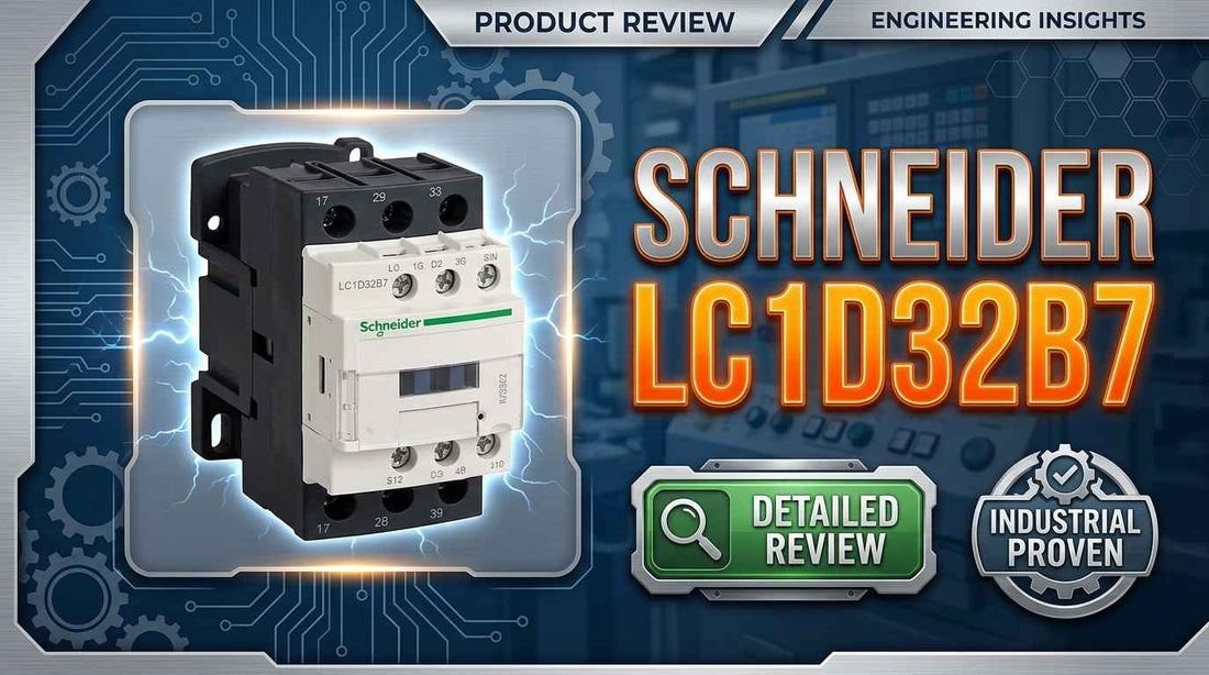 Schneider LC1D32B7 TeSys Deca 32A 3-phase IEC contactor with 24V AC coil mounted on 35mm DIN rail in industrial motor control panel