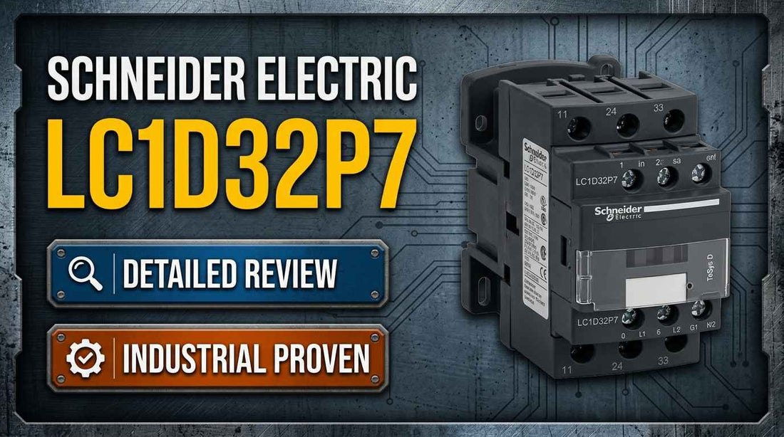 Schneider Electric LC1D32P7 TeSys D 32A IEC contactor with 230V AC coil mounted on DIN rail in motor control panel