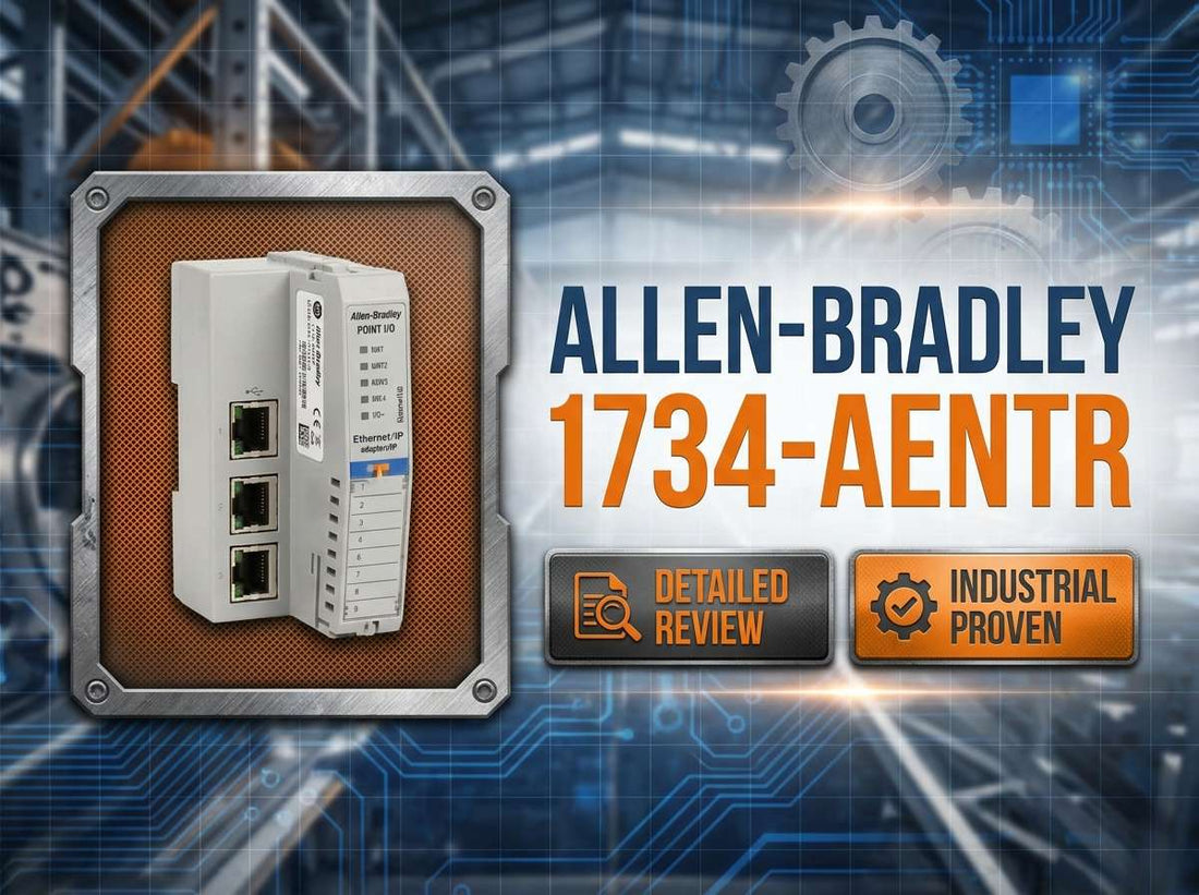 Allen-Bradley 1734-AENTR POINT I/O Dual Port Network Adaptor mounted on DIN rail in industrial control panel