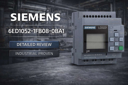Siemens 6ED1052-1FB08-0BA1 LOGO! 230RCE logic module with integrated display mounted on 35mm DIN rail for industrial automation control