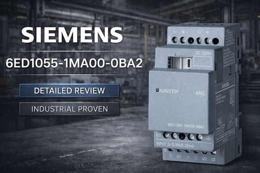 Siemens 6ED1055-1MA00-0BA2 LOGO! AM2 analog input expansion module mounted on DIN-35 rail in industrial control cabinet
