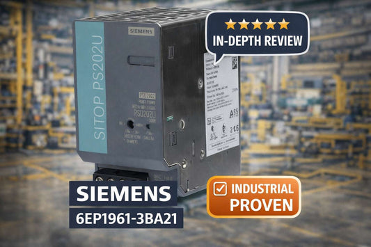 Siemens 6EP1961-3BA21 SITOP PSE202U redundancy module mounted on DIN rail in industrial control panel