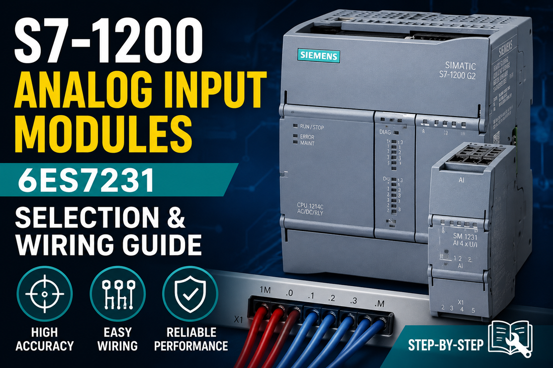 Siemens SIMATIC S7-1200 SM 1231 6ES7231 analog input module mounted on DIN rail in industrial panel