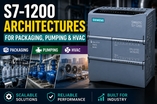 Siemens SIMATIC S7-1200 compact PLC with signal modules mounted on DIN rail for packaging and pump control