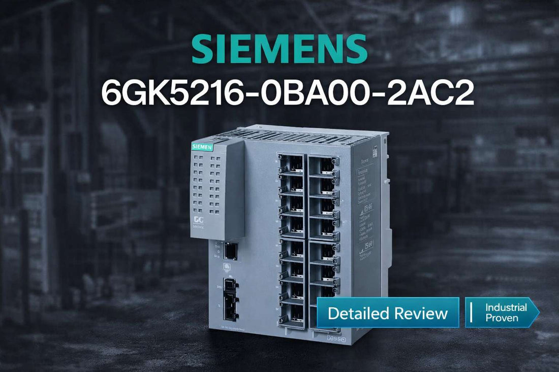 Siemens 6GK5216-0BA00-2AC2 SCALANCE XC216 16-port managed industrial Ethernet switch mounted on DIN rail in automation control cabinet