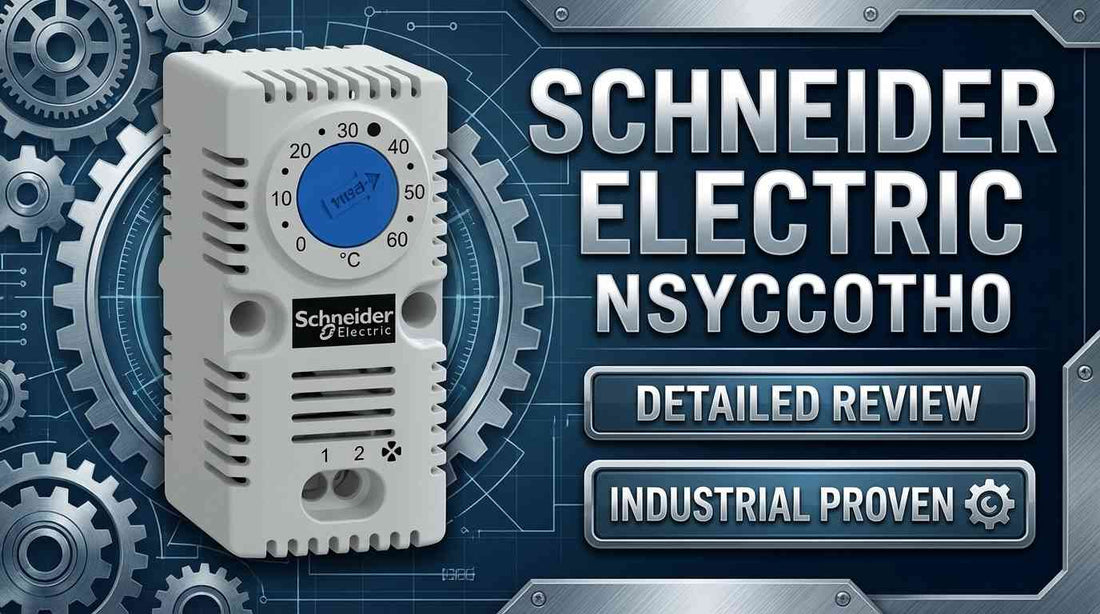 Schneider Electric NSYCCOTHO ClimaSys CC bimetal thermostat mounted on DIN rail inside industrial electrical enclosure