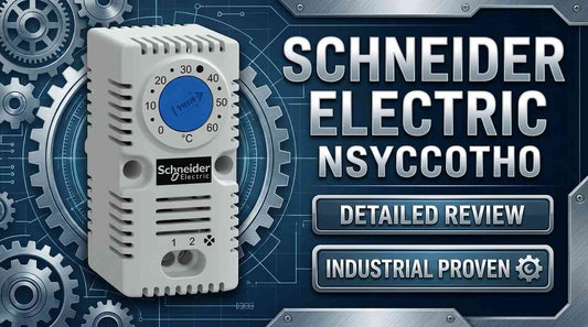 Schneider Electric NSYCCOTHO ClimaSys CC bimetal thermostat mounted on DIN rail inside industrial electrical enclosure