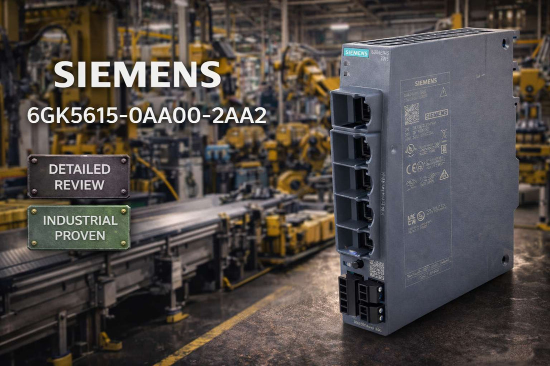 Siemens 6GK5615-0AA00-2AA2 SCALANCE S615 LAN router mounted on DIN rail in industrial automation cabinet
