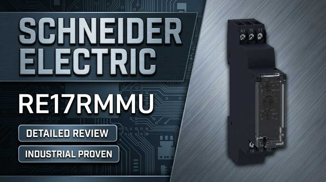 Schneider Electric RE17RMMU Zelio multifunction timing relay module mounted on 35mm DIN rail in industrial control panel