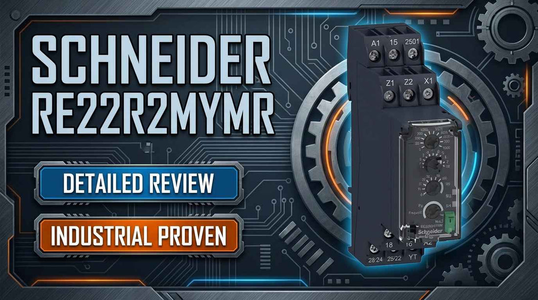 Schneider Electric RE22R2MYMR modular multifunction timer relay mounted on DIN rail in industrial control panel
