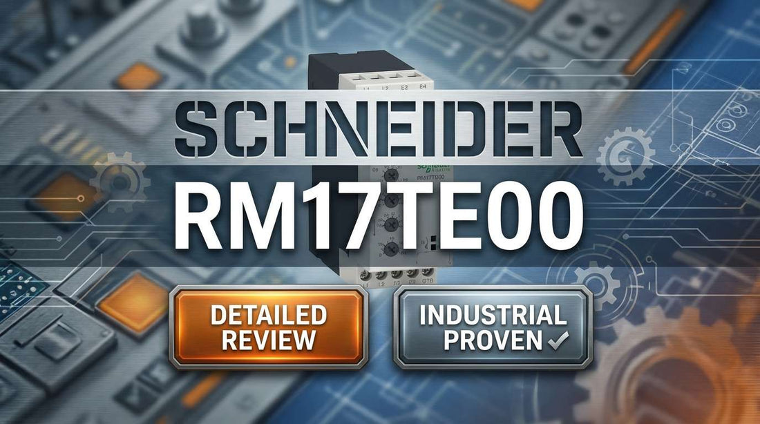 Schneider RM17TE00 Harmony 3-phase supply control relay mounted on 35mm DIN rail in industrial motor protection panel