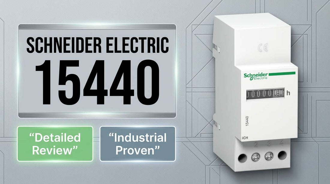 Schneider Electric 15440 modular hour counter iCH 230V mounted on DIN rail in industrial control cabinet