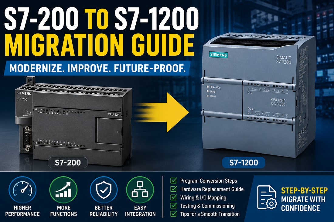 Siemens SIMATIC S7-200 Micro PLC and S7-1200 Controller side by side illustrating industrial PLC migration and upgrade path