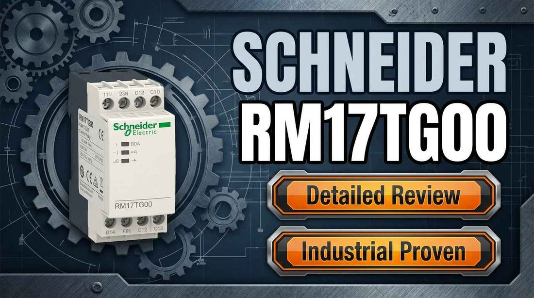 Schneider RM17TG00 Harmony 3-phase control relay mounted on 35mm DIN rail for industrial motor protection panel