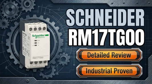 Schneider RM17TG00 Harmony 3-phase control relay mounted on 35mm DIN rail for industrial motor protection panel