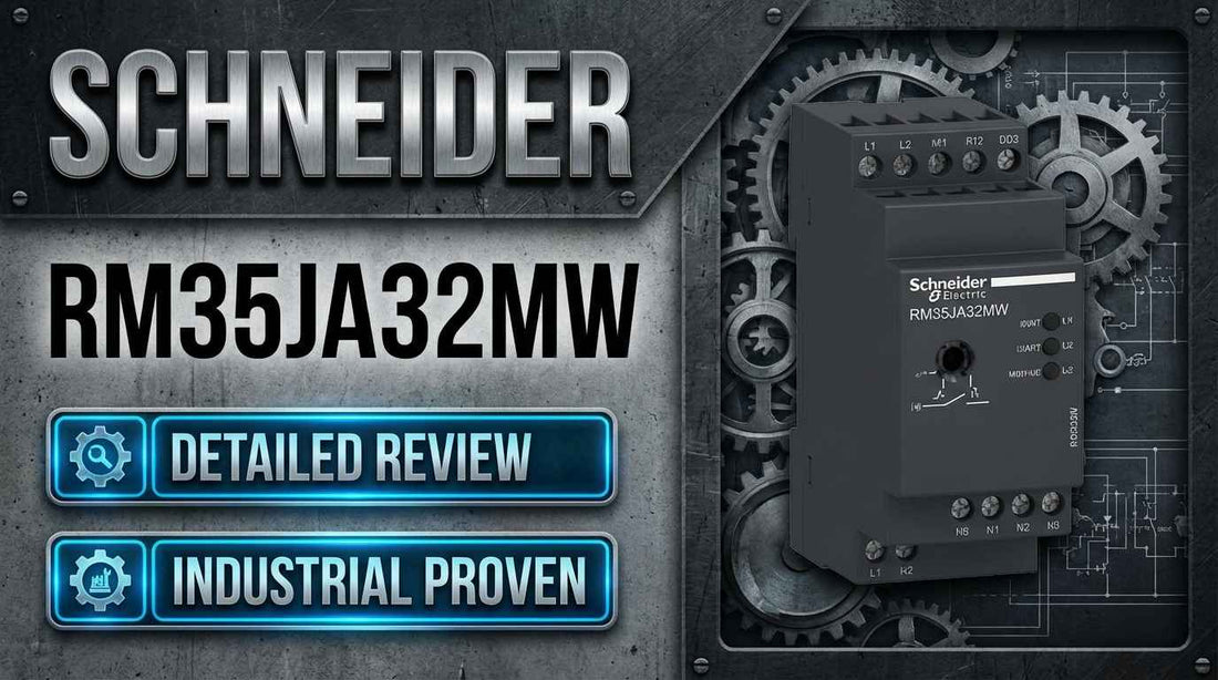 Schneider RM35JA32MW Harmony modular single-phase current control relay mounted on 35mm DIN rail in industrial control panel