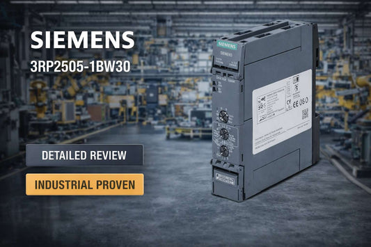 Siemens 3RP2505-1BW30 SIRIUS multifunction timing relay with 27 switching functions mounted on DIN rail in industrial control panel