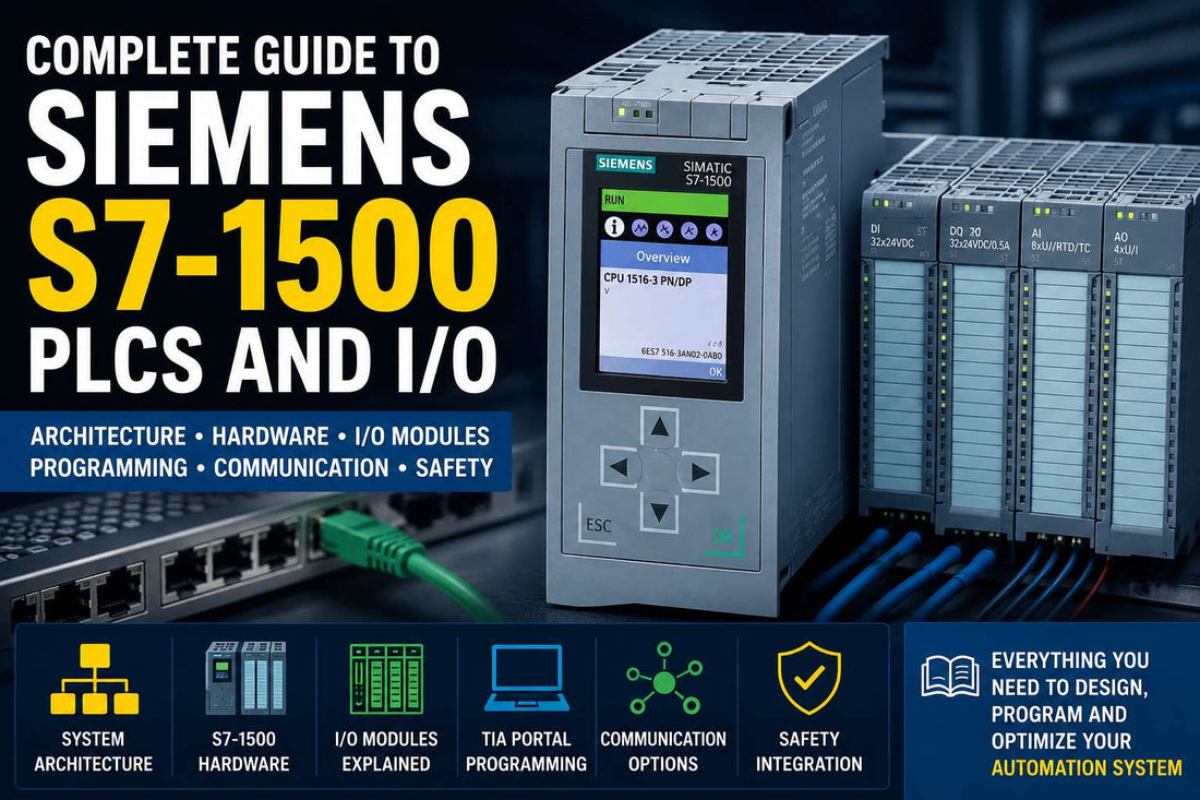 Siemens SIMATIC S7-1500 modular PLC controller with CPU and I/O modules mounted on DIN rail in industrial control panel