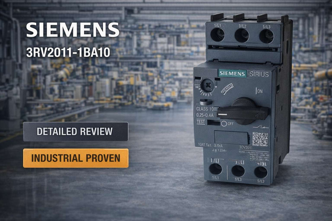 Siemens 3RV2011-1BA10 SIRIUS Class 10 motor protection circuit breaker size S00 on 35mm DIN rail in industrial panel