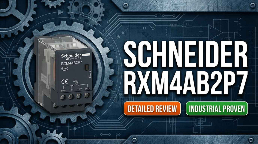Schneider Electric RXM4AB2P7 miniature plug-in relay 4CO 230V AC mounted in RXZE socket on DIN rail in industrial control panel