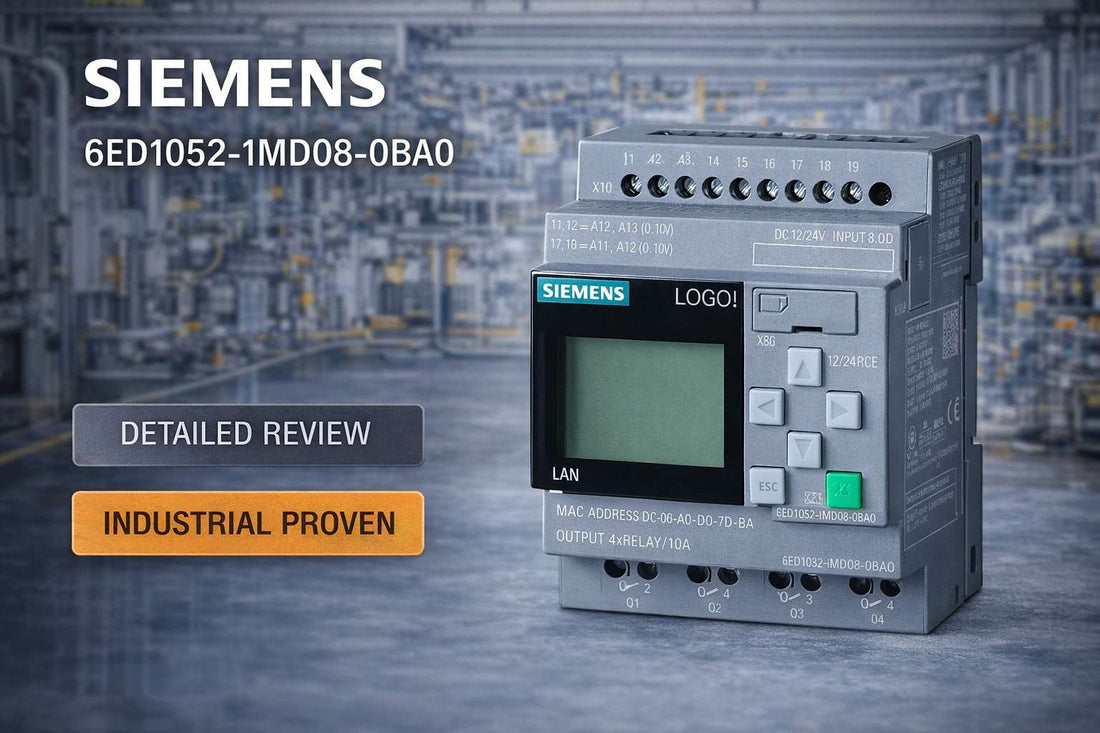 Siemens 6ED1052-1MD08-0BA0 LOGO! 12/24RCE logic module with integrated display mounted on DIN rail in industrial control panel
