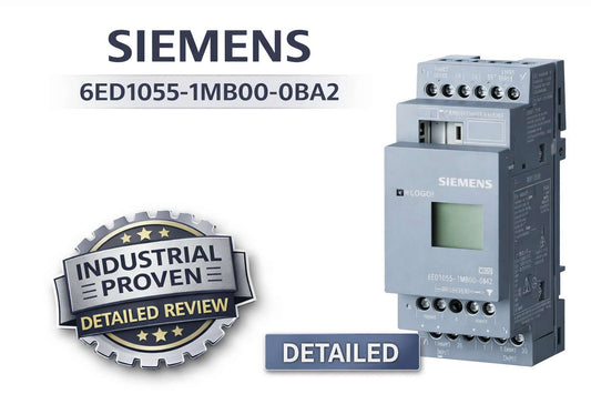 Siemens 6ED1055-1MB00-0BA2 LOGO! DM8 12/24R digital expansion module mounted on DIN rail in industrial control panel